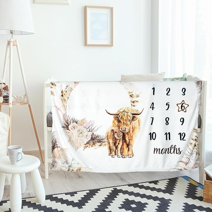 Boho Floral Baby Monthly Milestone Blanket Neutral Bohemian Photo Prop Blanket Personalized Highland Cow Baby Present Pampas Grass Ideas for Newborn Nursery Decor (Brown, Highland Cow)