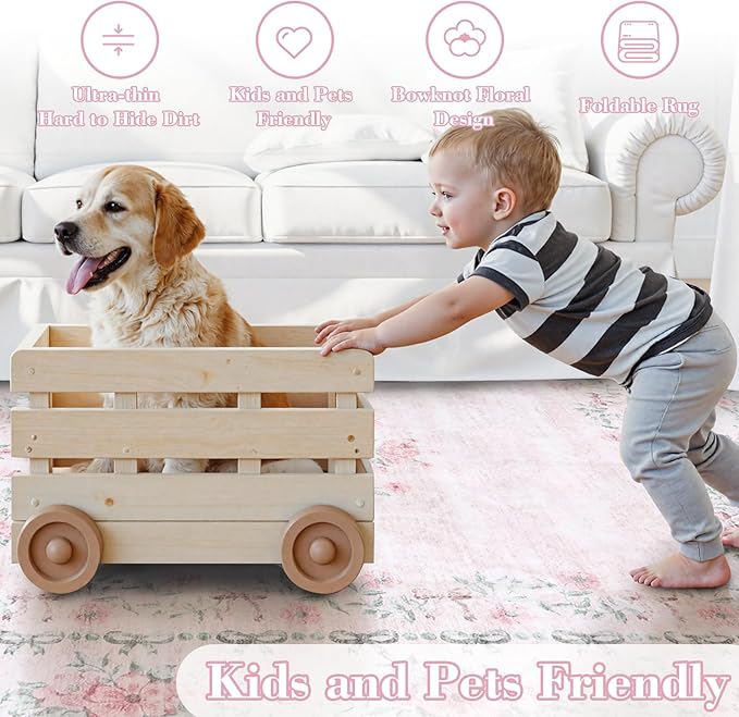 Wonnitar Floral Bow Print 8x10 Area Rugs, Washable Pink Rugs for Bedroom Girls, Boho Ultra-Thin Soft Non Slip Carpet for Nursery Living Room Kids Room Classroom Decor, Light Pink