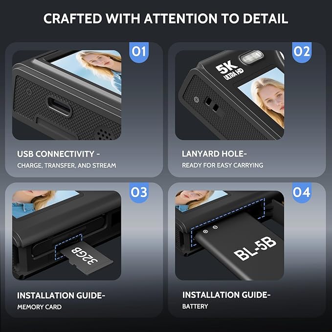 5K Digital Camera, Dual Screens Camera with 18X Digital Zoom, Compact Vlogging Camera for Teens, Beginner-Friendly Gift Pack, 32GB Card & 2 Batteries, Black