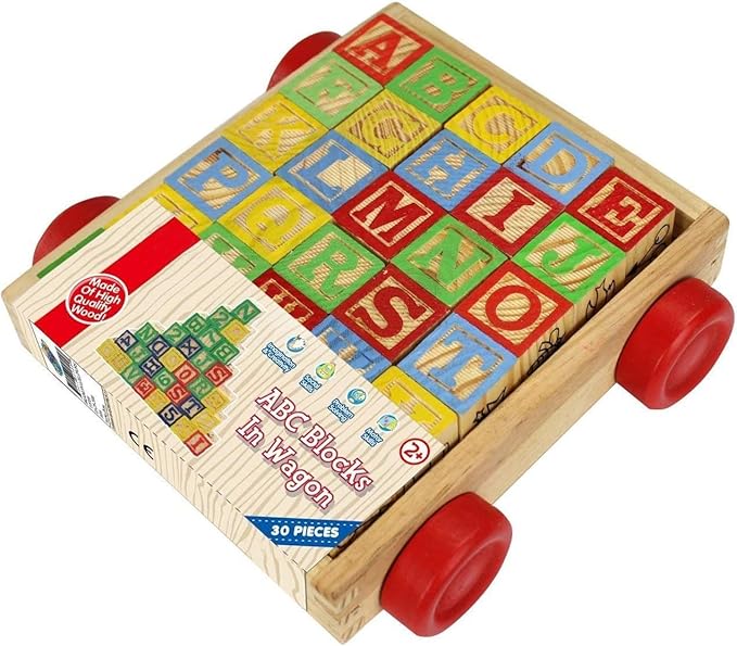 Wooden ABC Blocks with Pull Wagon, 30 Pieces, Educational Alphabet Learning Toy for Toddlers