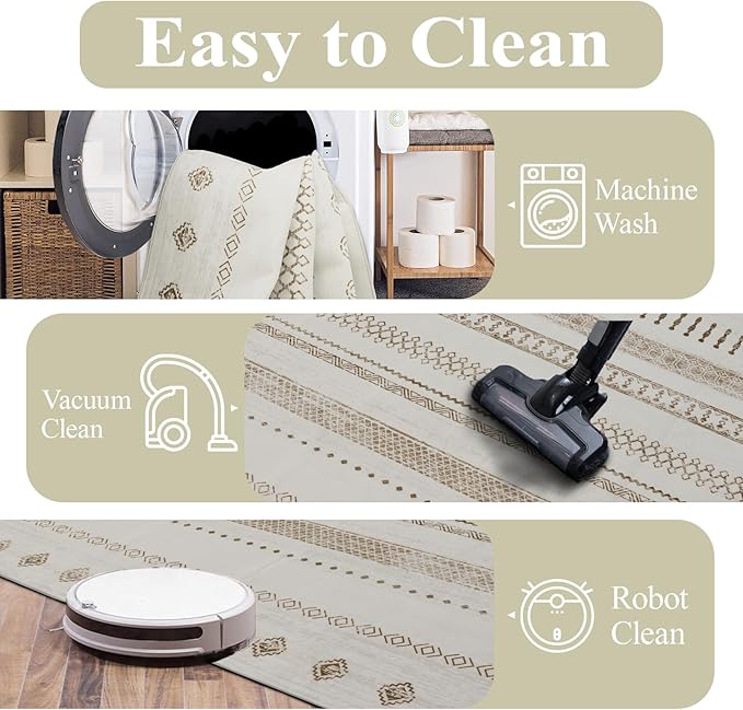 Washable 6x9 Area Rug for Living Room, Boho Carpet for Bedroom Dining Room, Non Slip&Non-Shedding Resistant Low Pile Vintage Print Rug for Home Office (Beige)