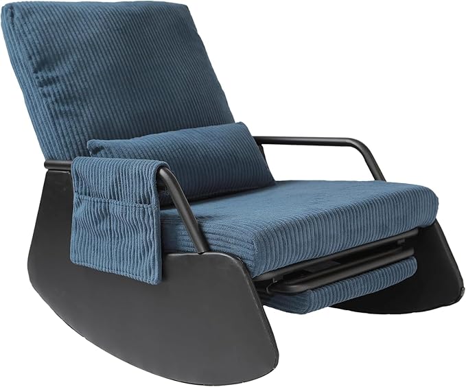 Rocking Chair for Nursery, Modern Upholstered Plush Seating Glider Recliner Chair with High Backrest and Side Pocket, Accent Armchair with Cushions for Living Room/Reading (Blue)