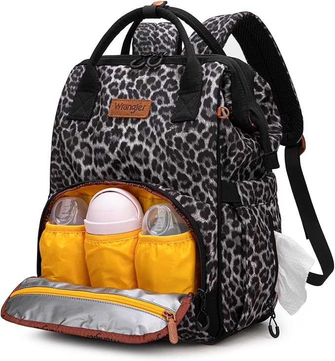 Wrangler Leopard Print Backpack Multifunction Baby Travel Bag with Changing Pad, Stroller Straps and Pacifier Case WG2204-91103LP-BK