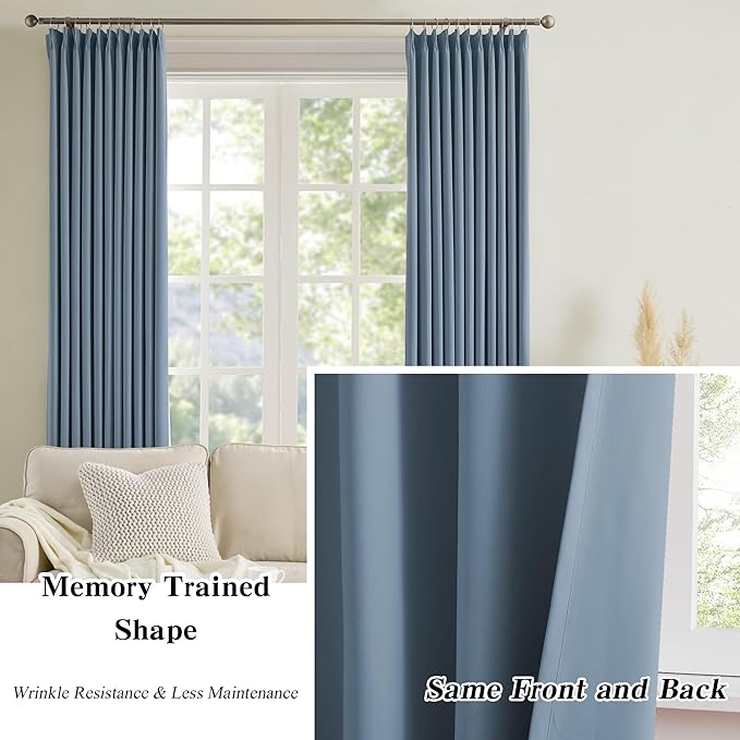 KEQIAOSUOCAI Dusty Blue Pinch Pleated Curtains 150 Inches Long Room Darkening Draperies Luxury Decor for Living Room Nursery (Stone Slate Blue 40x150 Inch 2 Panels)