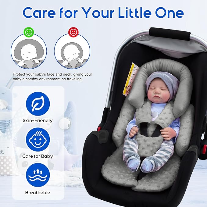 Baby Car Seat Head Support for Doona Stroller, Thickened Infant Carseat Head Support with 3 Strap Covers, Reversible Car Seat Insert for Newborn, Baby Car Seat Cushion with Filled Natural Cotton