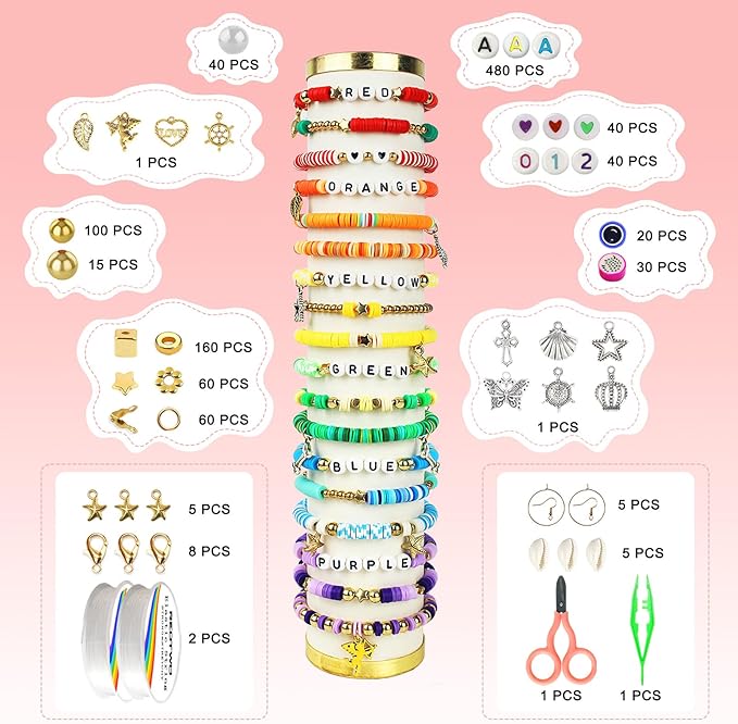 Redtwo 23200 Pcs Clay Beads Bracelet Making Kit 144 Colors 7 Boxes Flat Polymer Heishi Beads Set for Friendship Jewelry Making with Pendant Charms Crafts Gifts for Girls Ages 6-12 Kids Adults