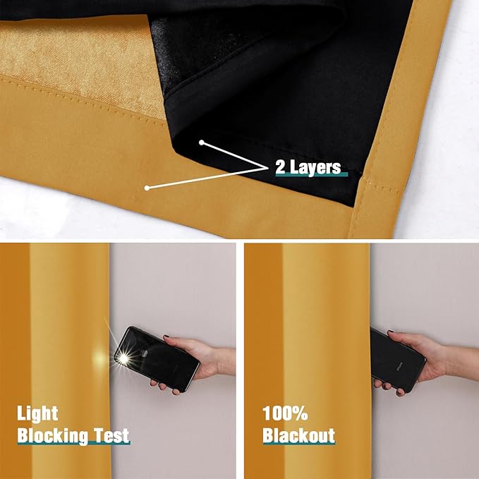 ChrisDowa 100% Blackout Curtains for Bedroom with Black Liner, 2 Thick Layers Total Blackout Thermal Insulated Grommet Window Curtains 2 Panels Set (Mustard Yellow, 52 x 84 Inch)
