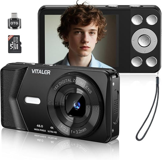 Digital Camera, Autofocus 48MP 4K Camera for Photography with 32GB Card, Portable Compact Point and Shoot Digital Camera for Teens Adult Beginner Kids with Metal Shell, 2000 mAh Battery