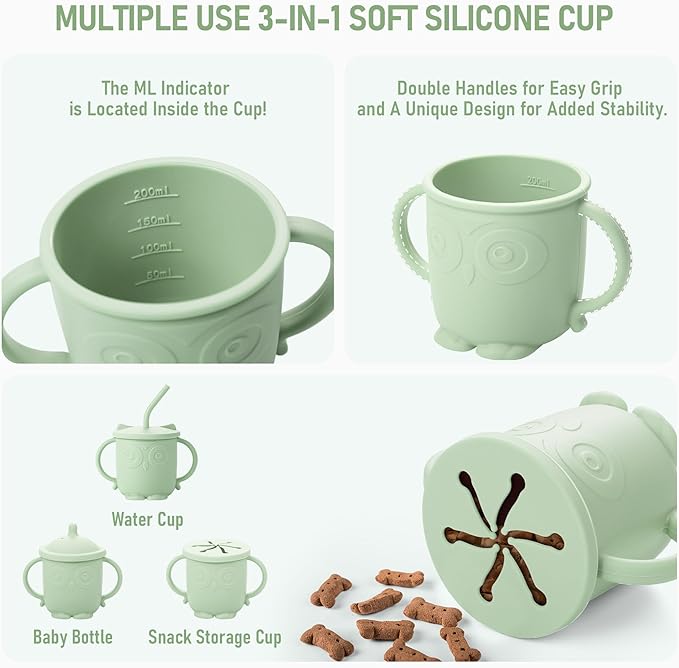 Baby Weaning Set, Silicone Feeding Set(10 Pcs), Toddler Set with Adjustable Bib, Suction Bowl, Plate, Fork, Spoon, Water & Snack Cup Kit, Led Kit for Babies, and Kids Green GJTZ-04