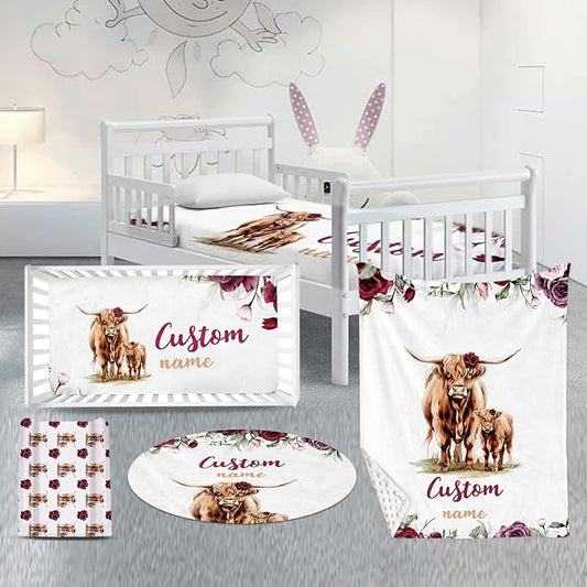Custom Nursery Crib Bedding Set: Personalized Name 4 Piece Rose Highland Cow Design Baby Crib Sets for Girls - Toddler Double Layer Blanket Set, Comfortable Crib Bed Sheets for Baby Toddlers