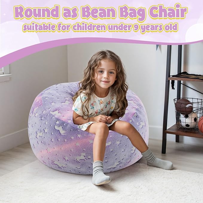 COMAX Kids Bean Bag Chair Turn into Beanbag Bed, Toddler Bean Chair for Girl Boy Sleeping, Lazy Children Bean Bags with Filler, Convertible Child Floor Mattress, Purple Unicorn