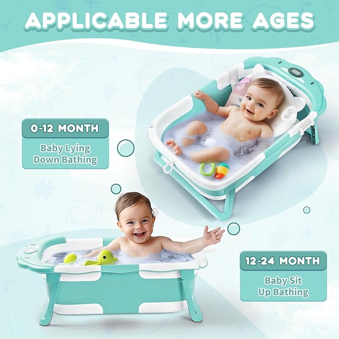 Baby Bathtub,Collapsible Baby Bath Tub with Thermometer & Soft Floating Cushion,Portable Travel Baby Bathtubs for Newborns to Toddlers 0-36 Months(Bear Green)
