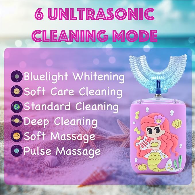 Kids Electric Toothbrush, U Shaped Toothbrush Kids Sonic Automatic Brush with Cup 5 Brush Head 6 Sonic Clean Modes IPX7 Waterproof Mermaid Design Rechargeable Smart Timer for Children 2-7