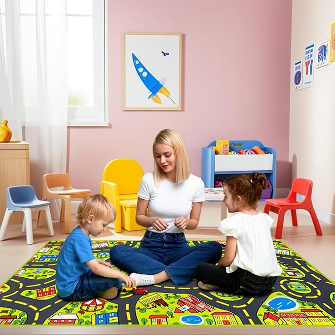 Car Rug 2.6x5 Feet, Car Mat for Kids Race Track Rug Road Play Mat with Roads City Map Design