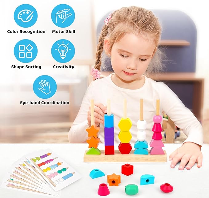 Montessori Toys for 2 3 4 Year Old Kid Boy Girl Toddler, Montessori Wooden Beads Sequencing Toy Set, Lacing Beads & Stacking Block & Matching Shape Stacker, STEM Preschool Learning Toy Birthday Gift