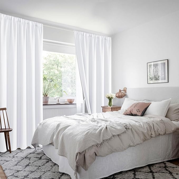 XWZO 100% Blackout Curtains 2 Panels with Tiebacks- Heat and Full Light Blocking Window Treatment with Black Liner for Bedroom/Nursery, Rod Pocket，White, W52 x L84 Inches Long, Set of 2