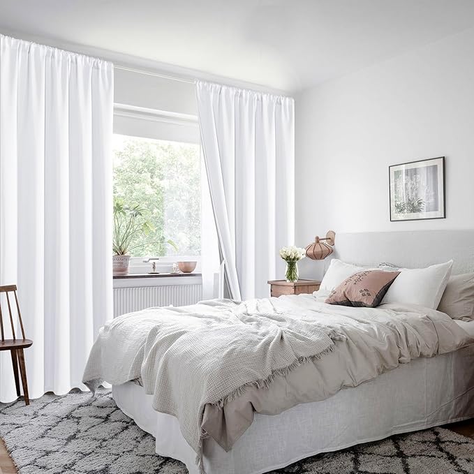XWZO 100% Blackout Curtains with Tiebacks- Double Layers Completely Shaded Window Panels Thermal Insulated Lined Drapes for Bedroom/Living Room, Rod Pocket, White, W52 x L54, Set of 2 Panels