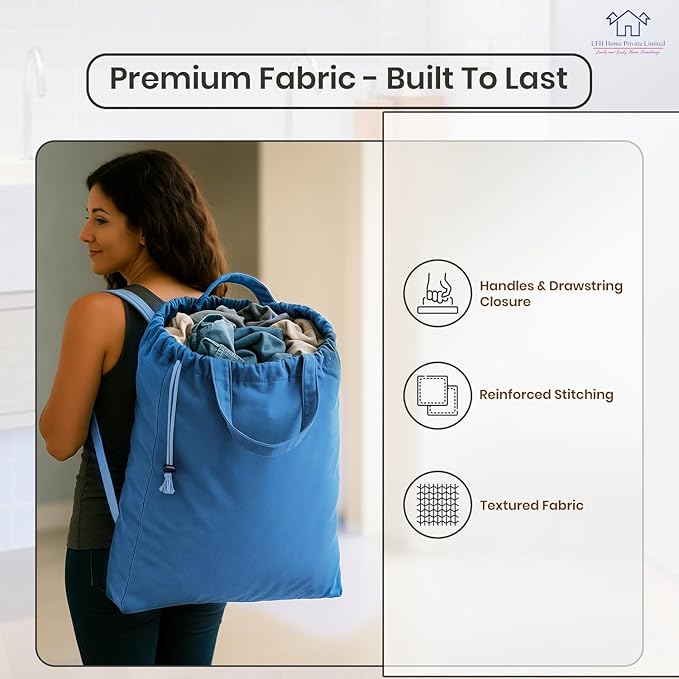 LFH Home Cotton Canvas Large Laundry Bag with Handle, Heavy Duty Drawstring Closure Washable Laundry Bags, School Travel, Home, Hotel, College Dorm, Organizer Sack, Toys Clothes 28x40-Sky Blue