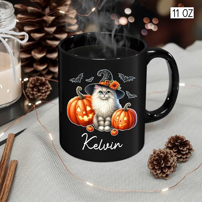 Personalized Turkish Angora Wearing Witch Hat Mug 11oz 15oz, Halloween Turkish Angora Coffee Cup with Custom Name, Cat Pumpkins Ceramic Mug for Halloween, Cat Pet Black Cup Gift for Pet Lover