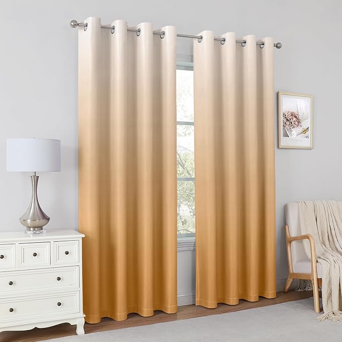 HOMEIDEAS Gold Ombre Blackout Curtains 52 X 84 Inch Length Gradient Room Darkening Thermal Insulated Energy Saving Grommet 2 Panels Window Drapes for Living Room, Bedroom