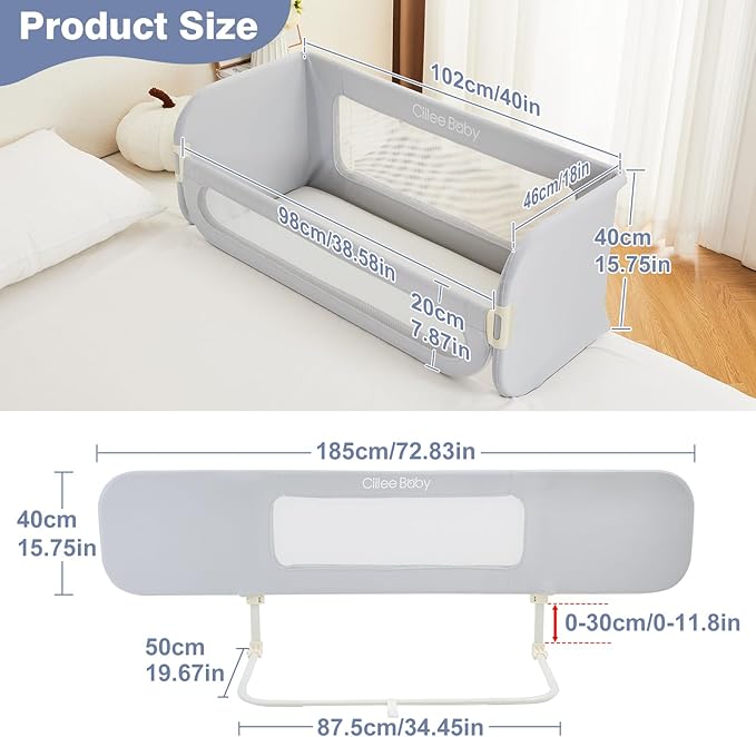 Ciilee Baby Bed Rail for Toddlers Extra Large 72.83" L Kids Rails Guard for Twin, Full, Queen, King Bed Adjustable Children Side Railing Safety Bedrail Foldable Barandas para Camas de Niños (Grey