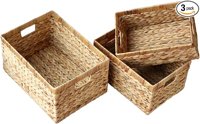 Water Hyacinth Wicker Baskets for Organizing, Rectangular Wicker Baskets with Built-in Handles 3-Pack