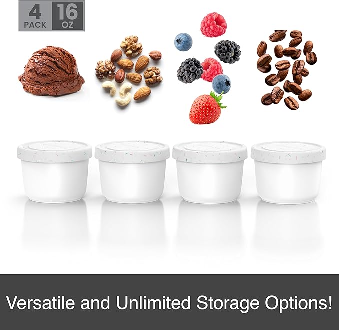 BALCI - 16oz Ice Cream Containers with Silicone Lids (Set of 4) - 1 Pint Each Freezer Food Storage Containers, Reusable, LeakProof, For Homemade IceCream Containers - White with Sprinkles