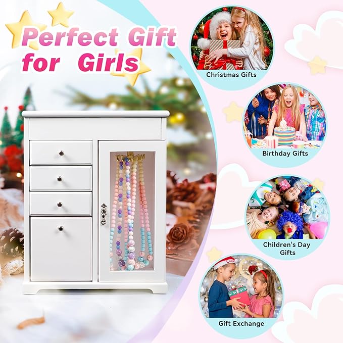 Miratino Jewelry Box for Girls, Kids Jewelry Box with Spinning Dancer, 5 Layer Large Wooden Musical Jewelry Organizer Box Gifts for Little Girls Christmas New Year Birthday Children's Day(White)