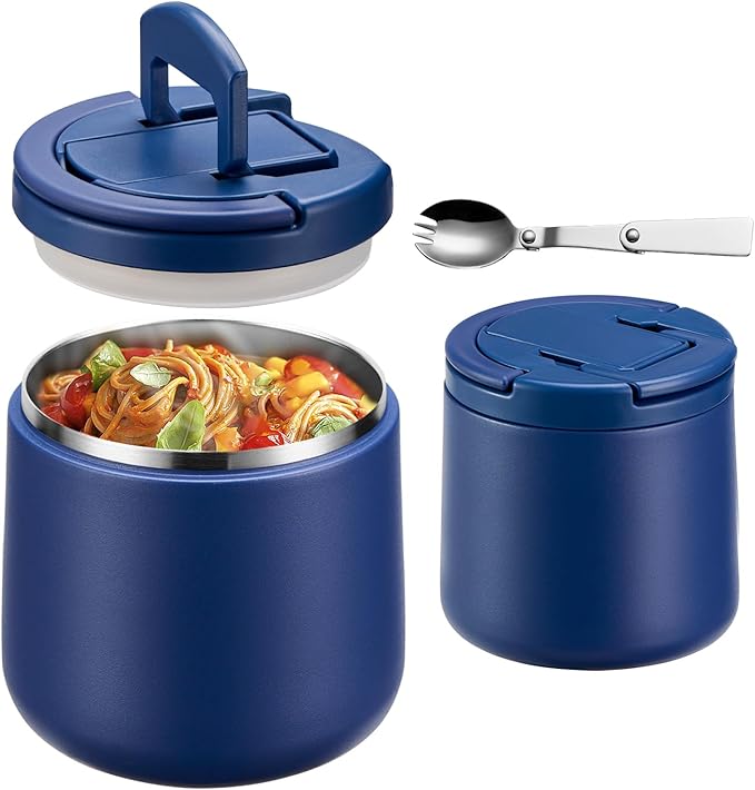 20oz Insulated Vacuum Food Jar with Buckle Lid,Soup Thermo for Hot Food Kids,Wide Mouth Leakproof Stainless Steel Lunch Container with Spoon-Blue