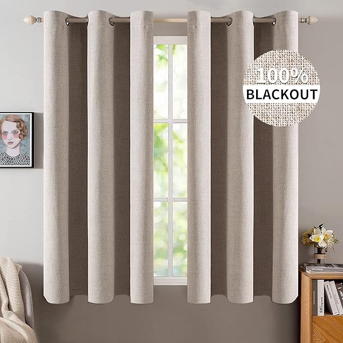 MIULEE Linen Blackout Curtains and Drapes 100% Room Darkening Thermal Insulated Grommet Window Panels with Coating 2 PCs W 42 x L 63 inches Khaki