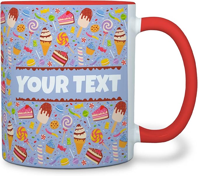 Personalized Mug for Kids - Sweets - Custom Name/Text, Ceramic Hot Chocolate/Cocoa/Coffee Cup for Boys/Girls, Birthday/Christmas/Holiday Gift - 11 oz, Red Handle