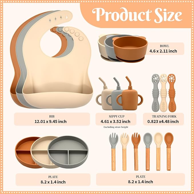 Silicone Baby Feeding Set 21 Pcs, Baby Led Weaning Supplies, Baby Feeding Supplies Set BPA Free, Essentials for Newborn Gift Walnut Color, Beige, Smoky Gray