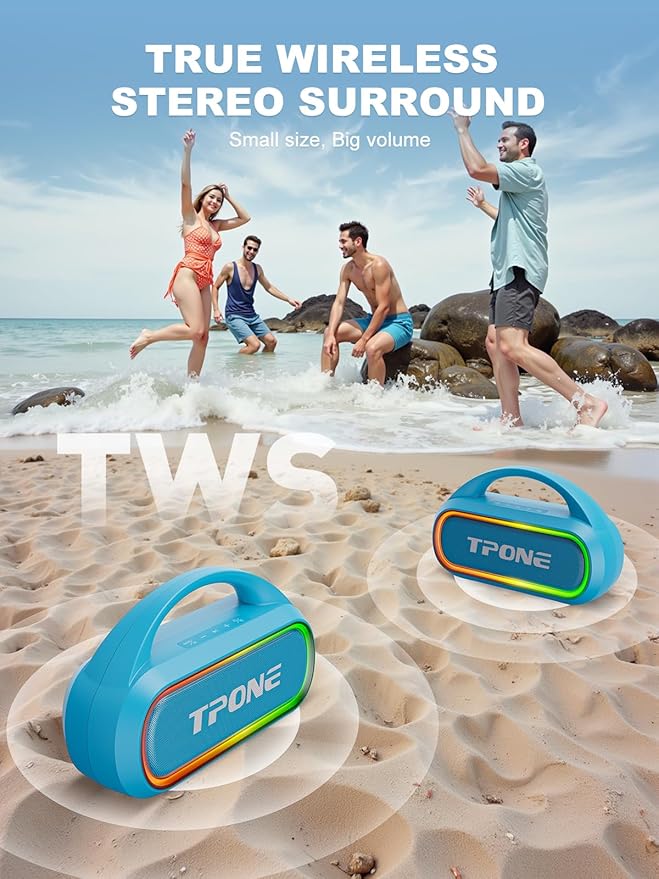 TPone Portable Bluetooth Speaker, 30W (Peak) Wireless Speaker for Outdoor Travel, 100ft Range, Multi-Colors Rhythm Lights, TWS Pairing, BT5.3, for Home/Party/Outdoor/Beach (Sky Blue)
