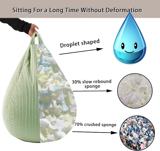 LPMOERA Bean Bag Chairs for Kids/Teen with Memory Foam Filling Bean Bag Sofa with Soft Corduroy Fabric BeanBag Chair for Living Room Bedroom College Dorm Reading Chair Greyish-Green