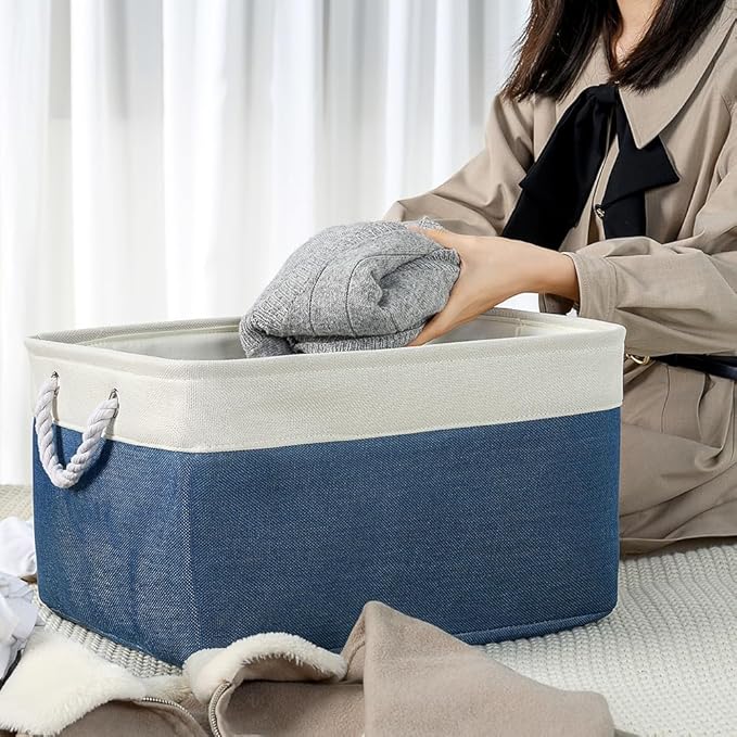 TheWarmHome Organization and Storage Basket for Organizing - X Large 3 Pack 17.7L×13.8W×9.8H in Collapsible Storage Bin for Shelves, Basket for Gifts Empty Toys Organizer Gift (White & Jean Blus)