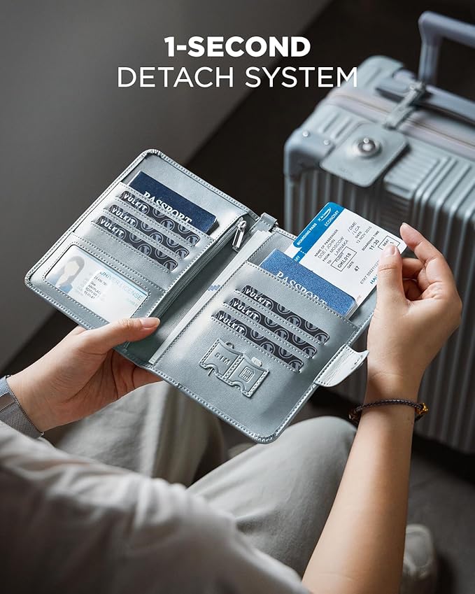 VULKIT Airtag Passport Holder for Travel, RFID Blocking Travel Wallet, Passport Cover for Family with Luggage Tag & Wrist Strap, Holds ID Card, 6+ Cards, Tickets, Cash, Coin, Blue, Family 4 persons