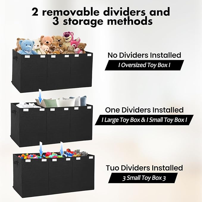 Extra Large Toy Box 167L, Sturdy Toy Storage Chest Organizer Bin Baskets with 2 Removable Divider for Boys, Girls, Kids, Nursery, Bedroom, Playroom, 35.5"x17" x17" (Linen Black)