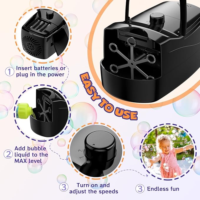 Bubble Machine - 18000+ Bubbles Per Minute, 2 Speed Settings, Battery/USB Powered Outdoor Bubble Blower for Toddlers, Birthday Parties, Weddings (Black)