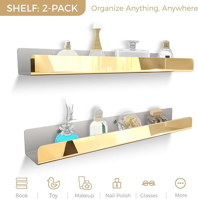 2 Pack 24 Inch Gold Reflective Acrylic Shelves, Gold Foating Shelves, Modern Sunglasses Essential Oil Picture Ledge Display Toy Storage Shelf