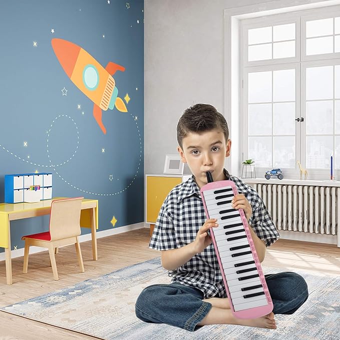 EastRock 37 Key Melodica Instrument Keyboard Soprano Piano Style with Mouthpiece Tube Sets and Carrying Bag for Kids Beginners Adults Gift Pink