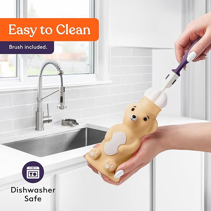 Special Supplies Honey Bear Straw Cup Long Straws, Squeezable Therapy and Special Needs Assistive Drink Container, Spill Proof and Leak Resistant Lid (Pack of 1 Bottle and 3 Straws) (Brown)