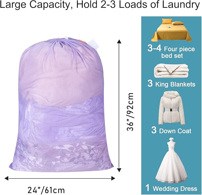 Polecasa Heavy Duty Diamond Large Mesh Laundry Bag with ID Tag and Locking Drawstring Closure - 24 x 36 inches - Laundry Hamper Liner, Washable Laundry Bags for Travel, Sports, Dorms (Purple)
