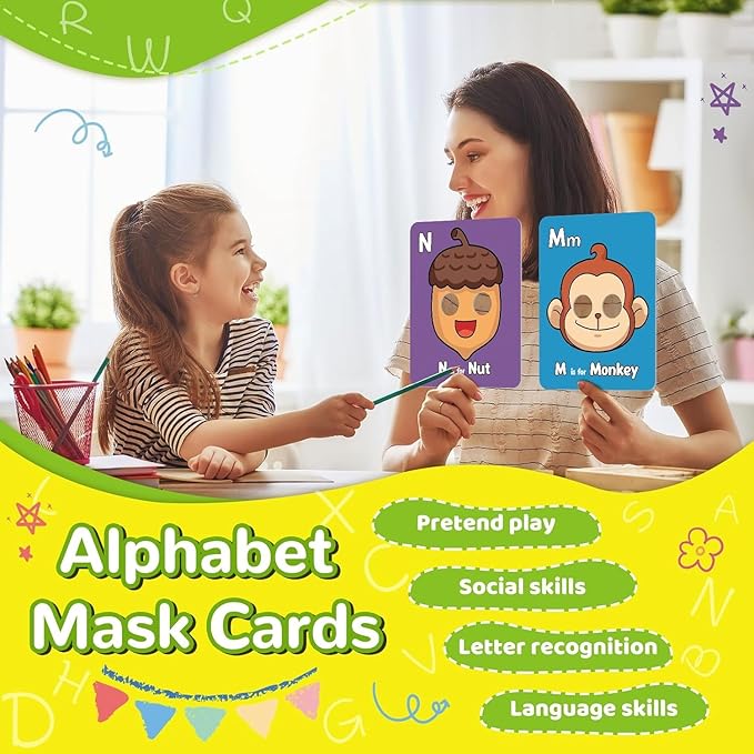 Alphabet ABC Flash Cards with Animal Masks, Animal mask Alphabet Cards, Interactive Education Games, Learn Letters, English Phrases(26 Pcs Colorful)