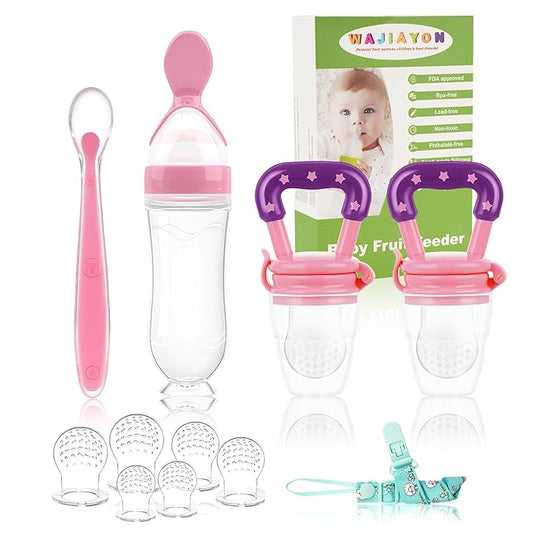 WAJIAYON Baby Fruit Feeder Pacifier | Infant Food Feeder Pacifier & Food Dispensing Spoon | Mesh Fresh Fruit Teethers for Babies | Silicone Feeder Baby Shower Gifts for Boys and Girls (Pink)