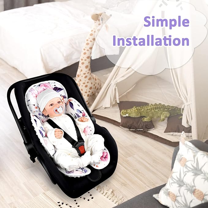 Pea Pod Baby Car Seat Head Support for Newborn, 2 in 1 Infant Car Seat Head Body Support for Girls Extra Soft Breathable Baby Car Seat Cushion Insert for Strollers, Swings, and Bouncers, Pink Floral
