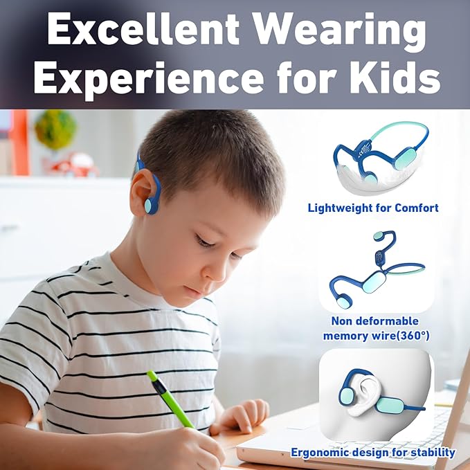 Kids Headphones, Bluetooth 5.2 Air Conduction Open Ear Headphones, 85dB Volume Limiting, Stereo Sound with Mic, IPX5 Waterproof, 20H Playtime, Perfect for School and Outdoor Activities-Blue