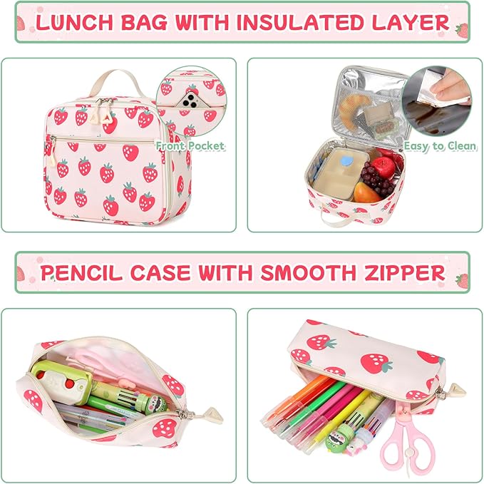 Backpack for Girls 3pcs Set Kids Backpack with Lunch Box Students Kawaii Book Bag for Elementary Primary Middle School Bags - Ita Backpack - Strawberry