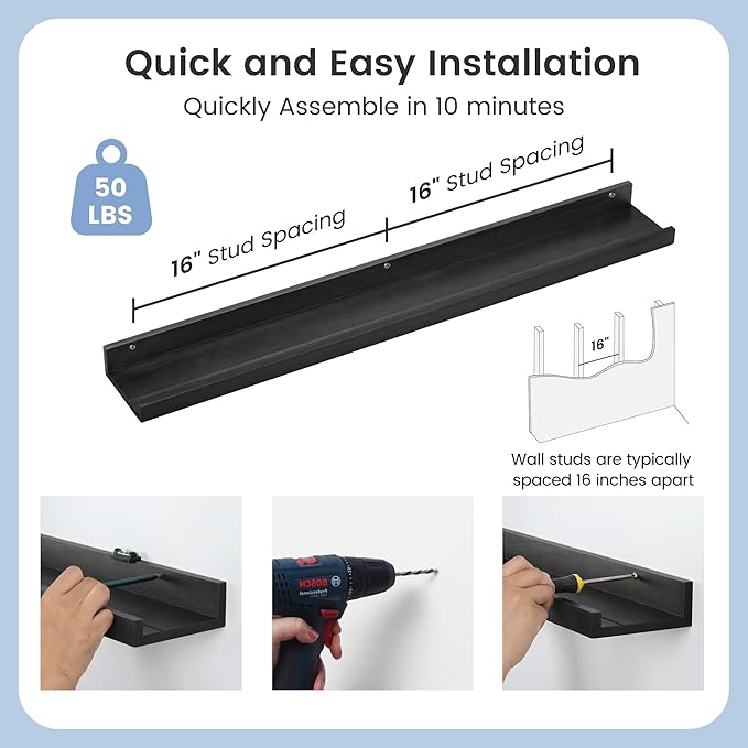 Picture Ledge Wall Shelves - 36 Inch Width Set of 3, Solid Pine Wood Rustic Floating Ledge Shelves for Kids' Room, Bedroom, Kitchen, Bathroom, Living Room, Nursery Display Wall Decor, Black