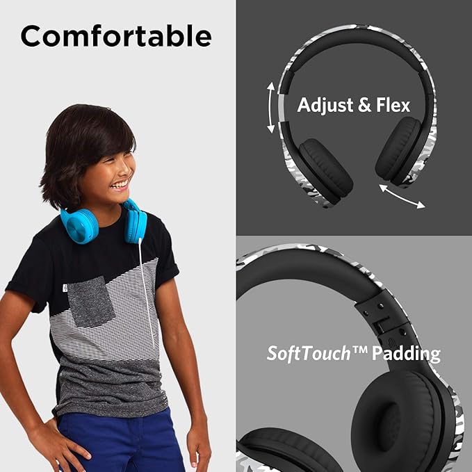 LilGadgets Connect+ Pro Wired Kids Headphones for School w/Microphone, Volume Limiting Noise Reducing Over-Ear Headset w/Cord, SharePort Technology & SoftTouch Padding, Snow Camo Headphones for Kids