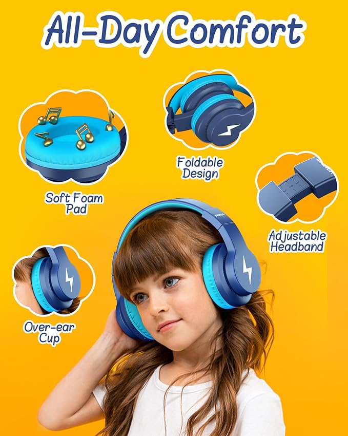 seenda Kids Bluetooth Headphones, Colorful Wireless Over Ear Headset with 85dB/94dB Volume Limited, 45H Playtime, 3 Lighting Modes, Built-in Mic Headphones for Boys Girls iPad Tablet School Dark Blue